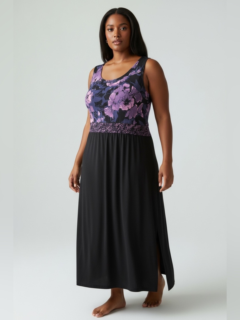 Sleeveless Black Maxi Dress with Purple Floral Bodice